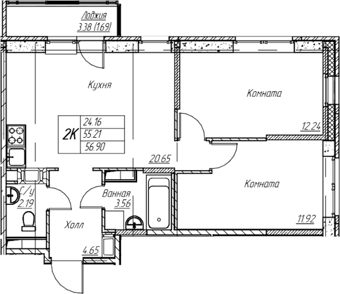 2-комнатная квартира 56.9 м², 16/22 эт., ЖК «Парк-квартал Юнтолово»